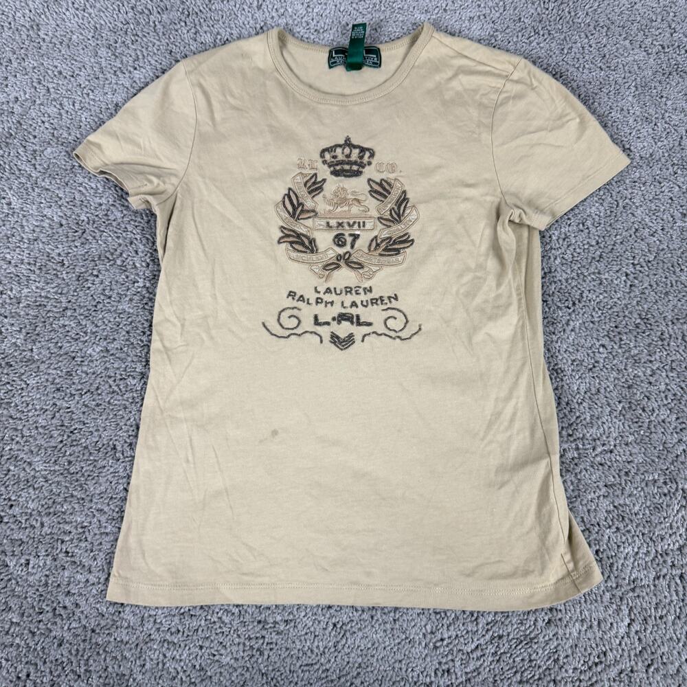 Lauren Ralph Lauren Shirt Womens Small Brown Embroidered Crest Crown Logo *